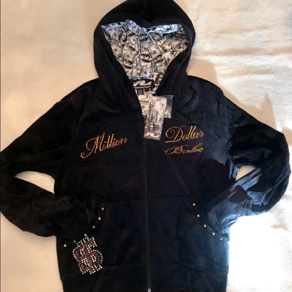 Unique Black Velour 💸💰Million Dollar Baby Rhinestone & Stud Money Print Hoodie